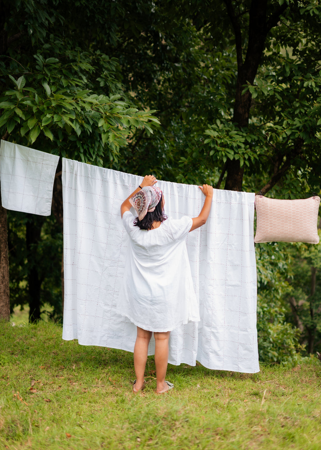 Checks Kantha Rust Bedsheet